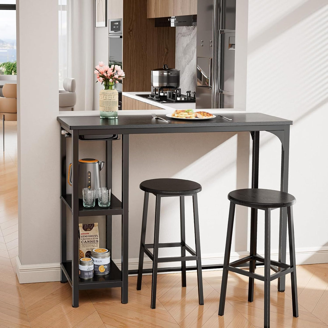 Bartisch-Set mit 2 Barhockern, Ablage und Glashalter, Schwarz - Bild 6