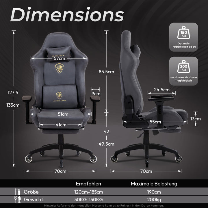Gaming Stuhl Wildlederimitat ergonomisch 200 kg mit Fussstuetze grau - Bild 3