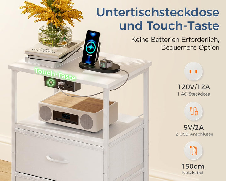 Nachttisch Stoff weiss mit LED, 2 USB, 1 Steckdose, Schublade - Bild 2
