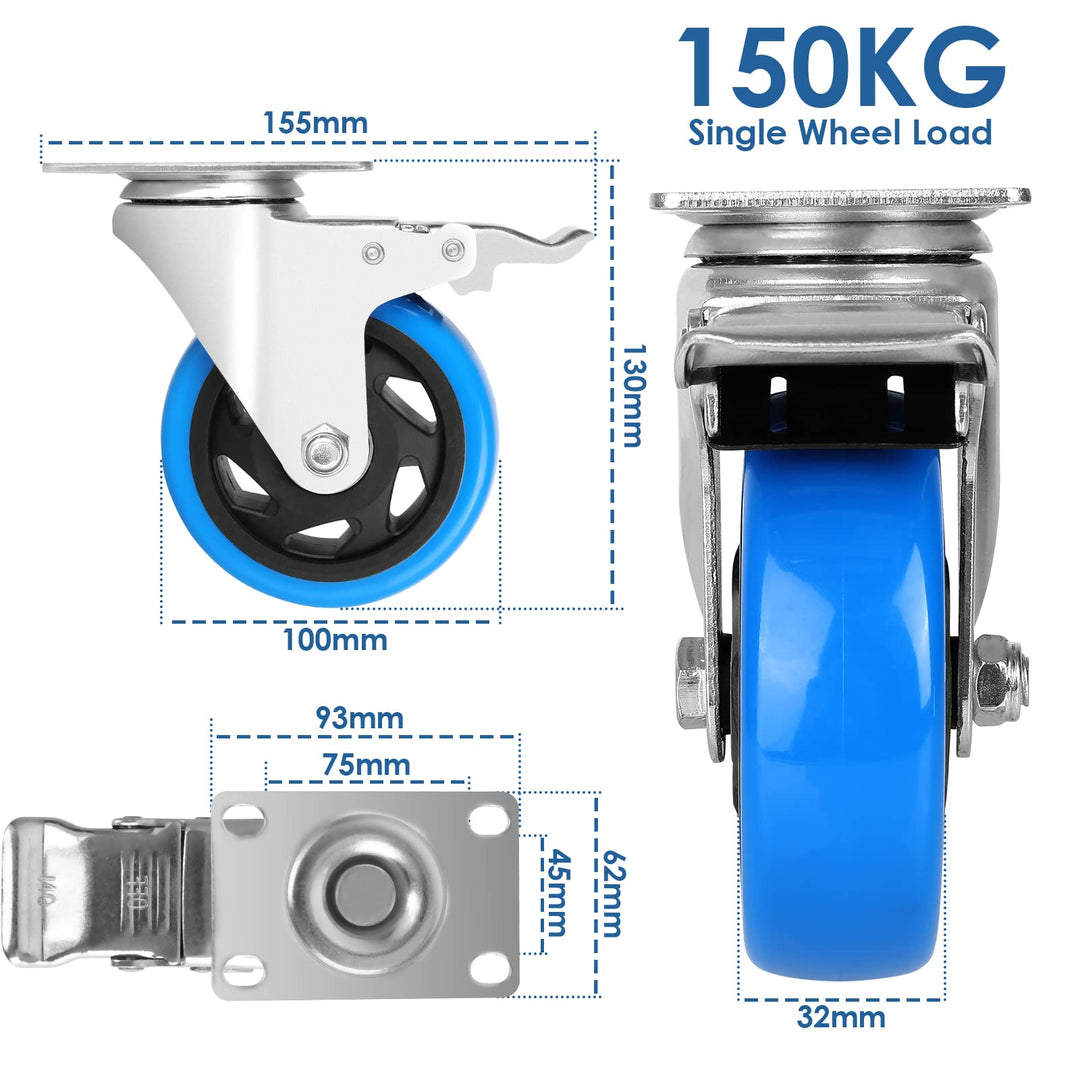 Schwerlastrollen 100mm mit Bremse 4er-Set 600kg Tragkraft - Bild 5