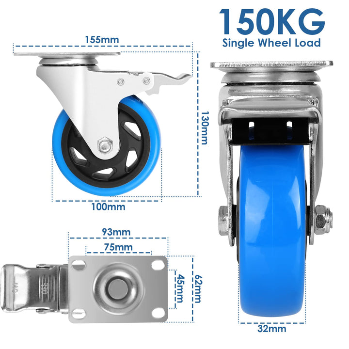 Schwerlastrollen 100mm mit Bremse 4er-Set 600kg Tragkraft - Bild 5