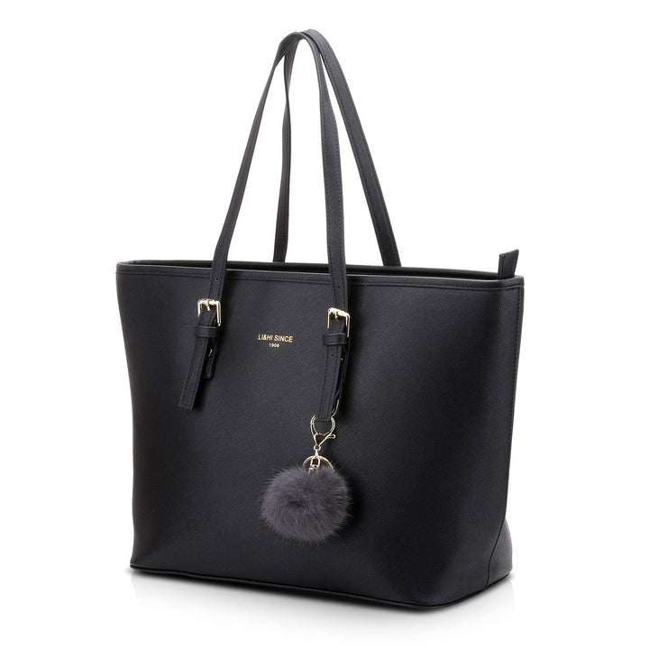 Handtasche Damen Shopper PU-Leder Schwarz mit Haarball 34x29x15 cm - Bild 3
