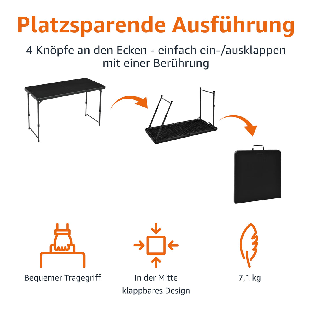 Klapptisch höhenverstellbar 4 Stufen Tragegriff 121x61cm schwarz - Bild 4