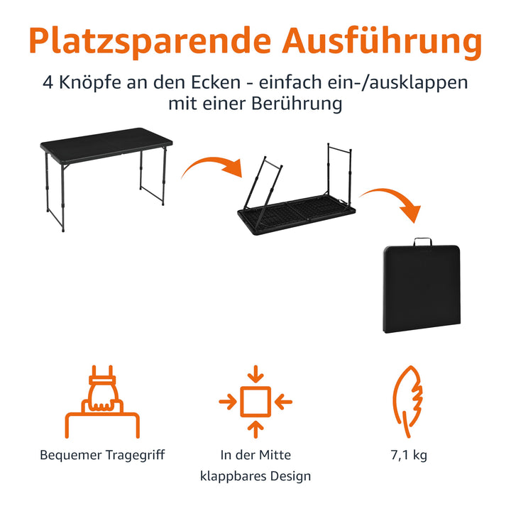 Klapptisch höhenverstellbar 4 Stufen Tragegriff 121x61cm schwarz - Bild 4