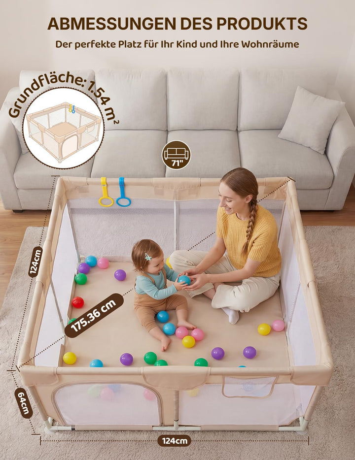 Laufstall Baby 124x124cm atmungsaktiv mit Spielzeug Kaffeebraun - Bild 3