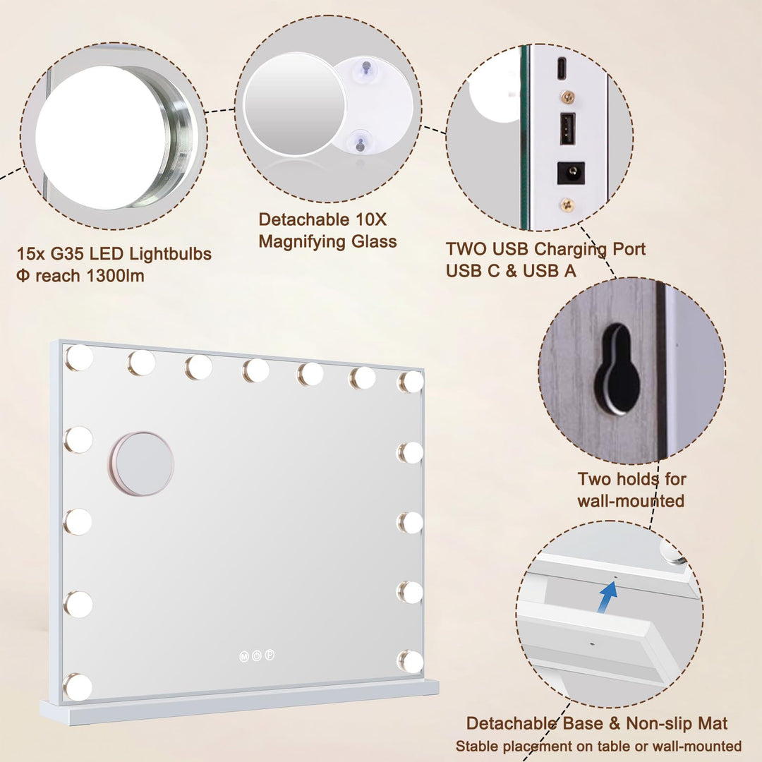 Schminkspiegel mit Beleuchtung 15 LED 58x46cm Wand &amp; Tisch - Bild 5