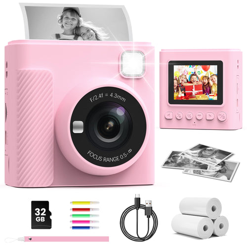 Kinderkamera Sofortdruck HD 1080P mit 2,4" Display, Rosa, 3-12 J.