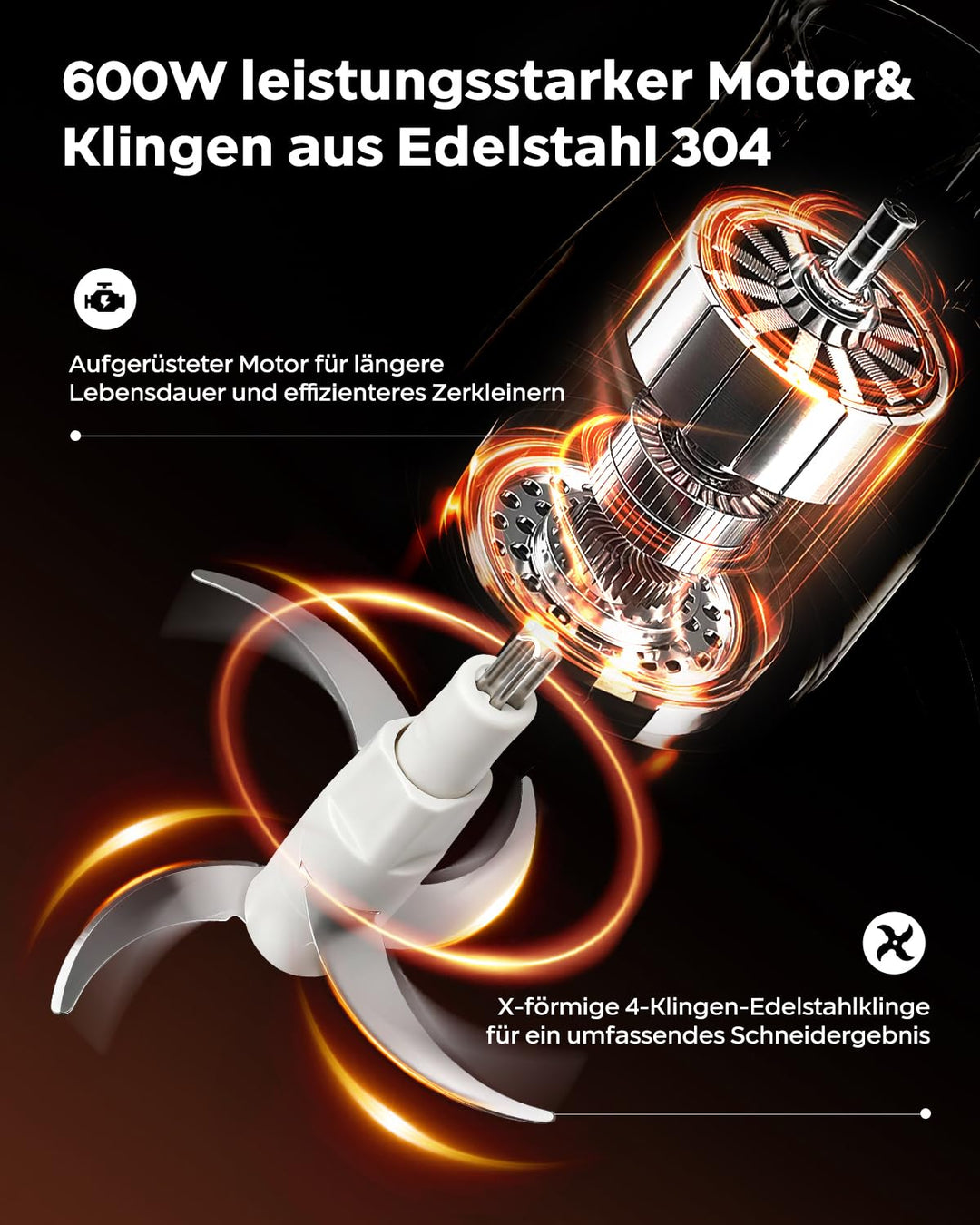 Elektrischer Zerkleinerer 2L Glas + 1.8L Edelstahl 600W 2 Stufen - Bild 7