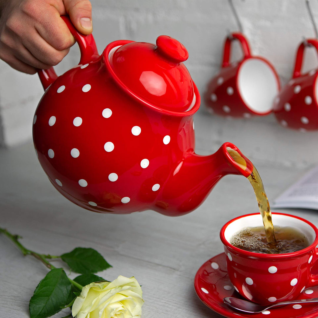 Teekanne Keramik 1,7 L Rot-Weiss Polka Dots handgemacht für 4-6 Tassen - Bild 2