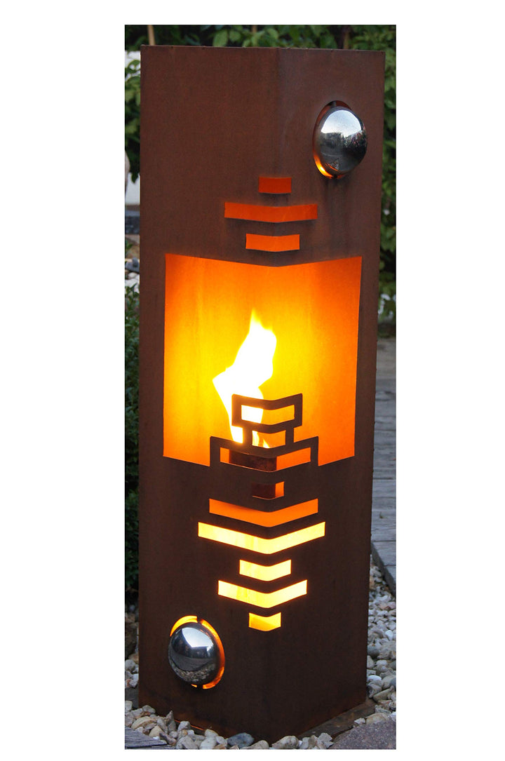Feuersäule Edelrost Modern mit Edelstahlkugeln 25x25x100 cm