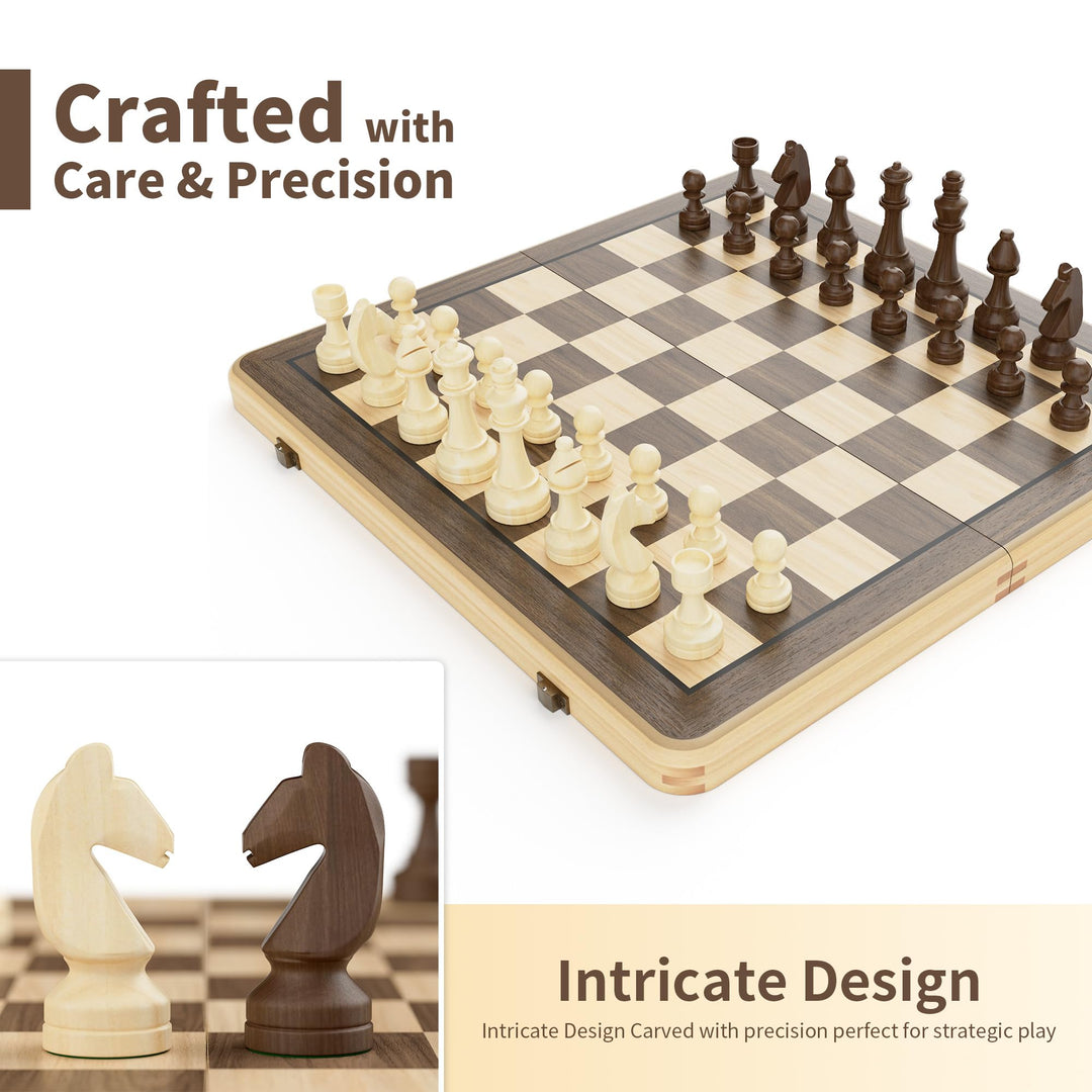 Schach- und Dame-Set Holz 2-in-1 klappbar 38 cm mit Staunton-Figuren - Bild 2