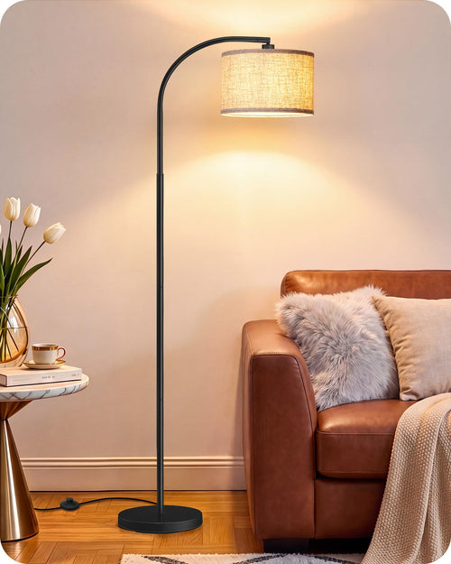Bogen-Stehlampe Leinenschirm E27 schwarz 161 cm fürs Wohnzimmer