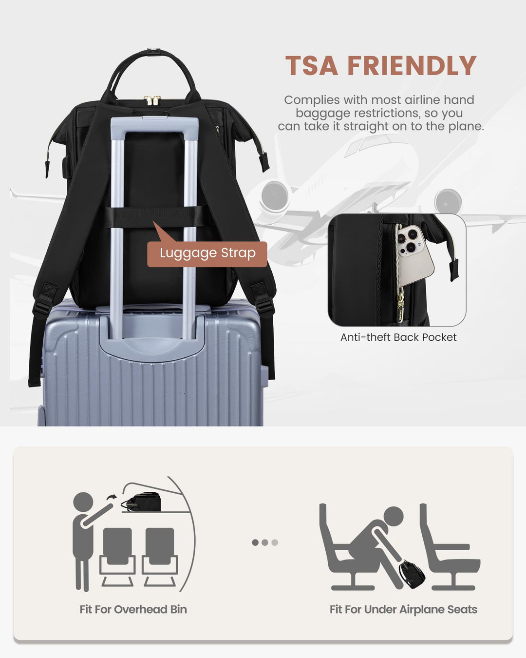 Damenrucksack 15,6 Zoll Laptop wasserdicht mit USB-Anschluss schwarz - Bild 8