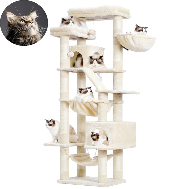 Katzenbaum 180 cm mit 2 Höhlen, Hängematte &amp; Kratzbretter beige - Bild 10