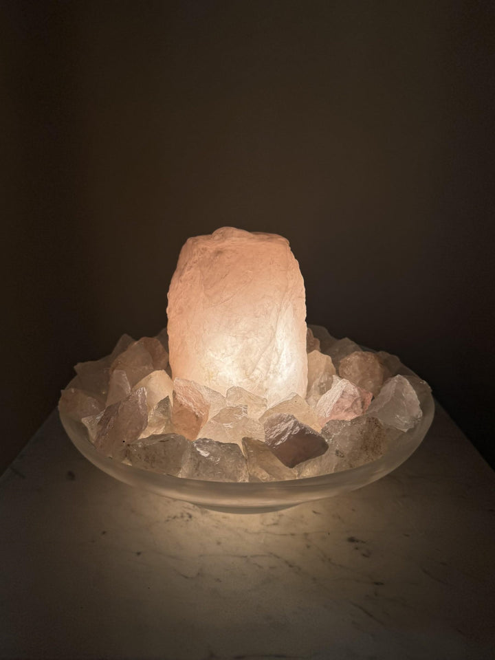 Zimmerbrunnen Rosenquarz mit Beleuchtung weisse Glasschale 25 cm - Bild 4