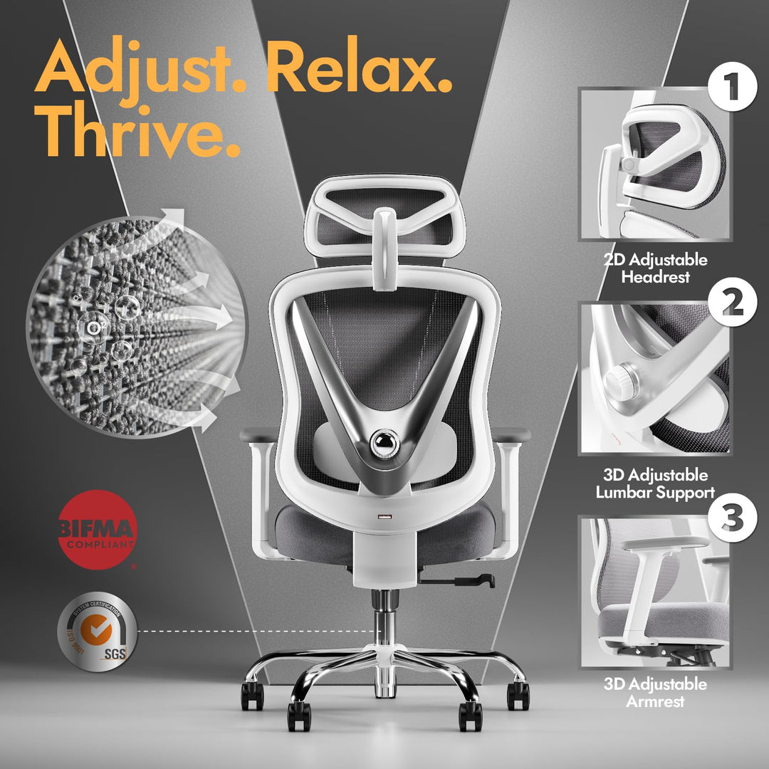 Ergonomischer Bürostuhl Mesh Weiss mit 3D Lendenstütze und verstellbaren Armlehnen - Bild 4