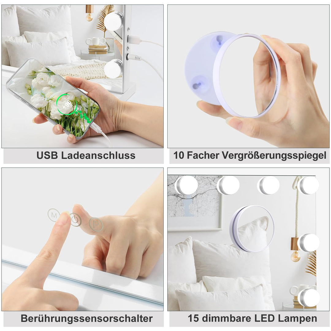 Hollywood Schminkspiegel 58x45cm mit 15 LED 3 Farbtemperaturen Touch - Bild 5