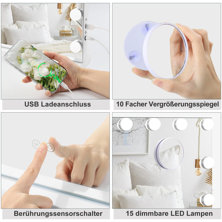 Hollywood Schminkspiegel 58x45cm mit 15 LED 3 Farbtemperaturen Touch - Bild 5