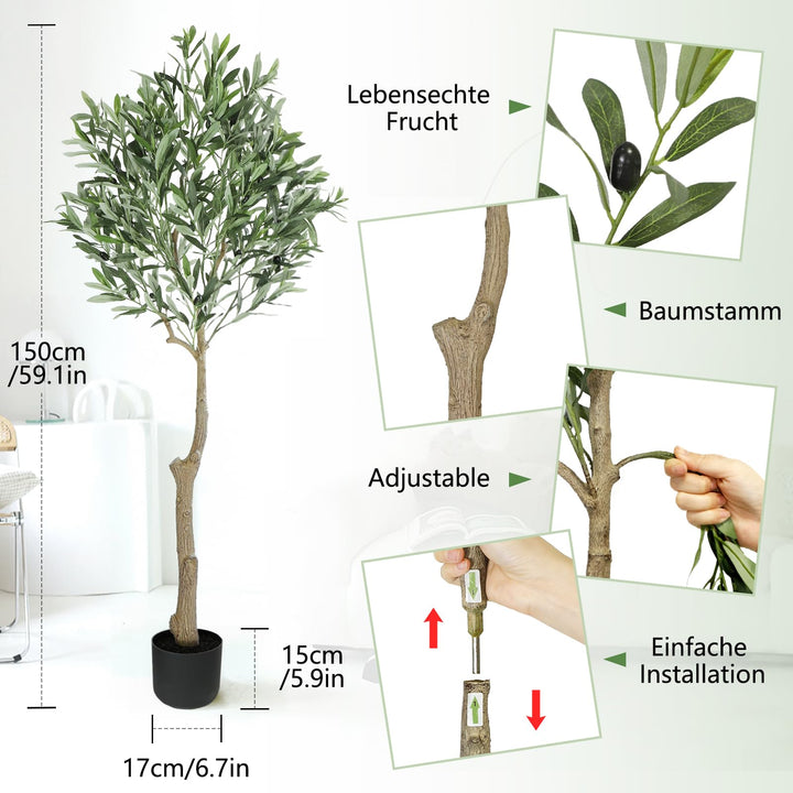 Kunstolivenbaum 150 cm mit Zementsockel und schwarzen Oliven - Bild 2