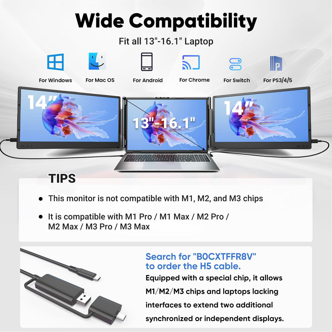 Laptop-Bildschirmerweiterung 14 Zoll FHD 1080p IPS Triple-Monitor Plug &amp; Play - Bild 3