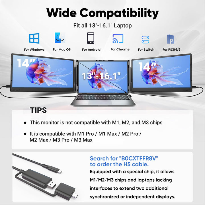 Laptop-Bildschirmerweiterung 14 Zoll FHD 1080p IPS Triple-Monitor Plug &amp; Play - Bild 3