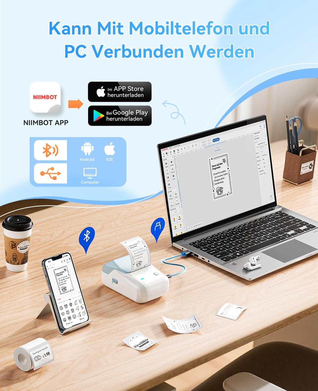 Etikettendrucker Thermodruck Bluetooth USB 50mm mit 3 Etikettenrollen - Bild 6