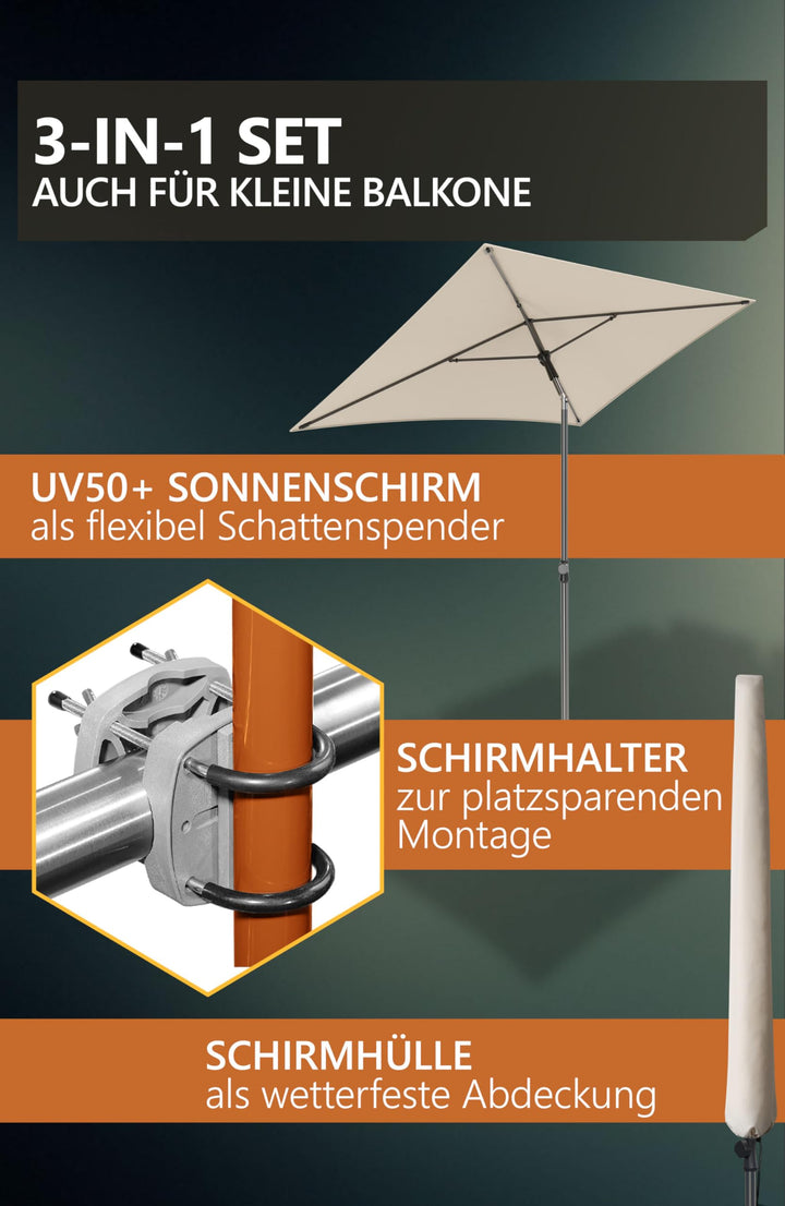 Balkon-Sonnenschirm Set 200x125 cm UV50+ rechteckig mit Halterung Beige - Bild 6