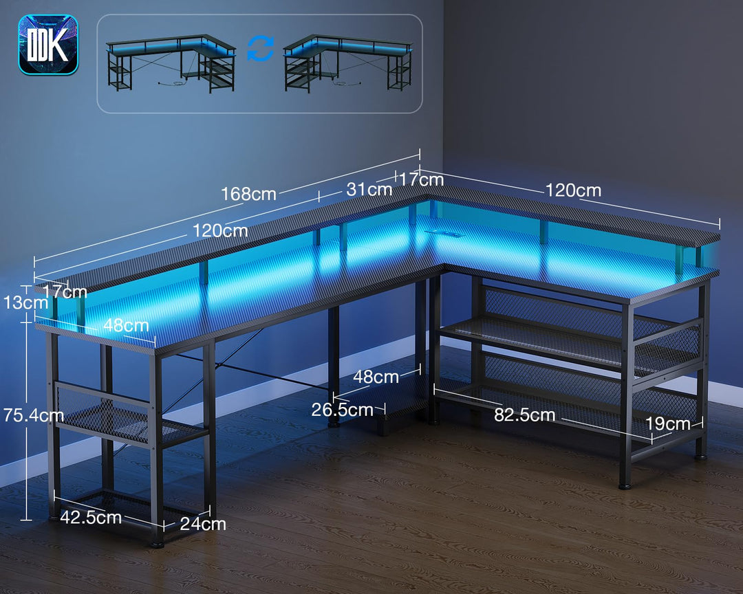 Gaming Schreibtisch L-Form LED 168x120cm mit Steckdosen USB Kohlefaser - Bild 3