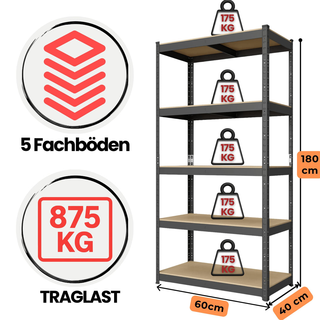 Schwerlastregal Metall 180x60x40 cm 5 MDF-Böden 875 kg Schwarz - Bild 2