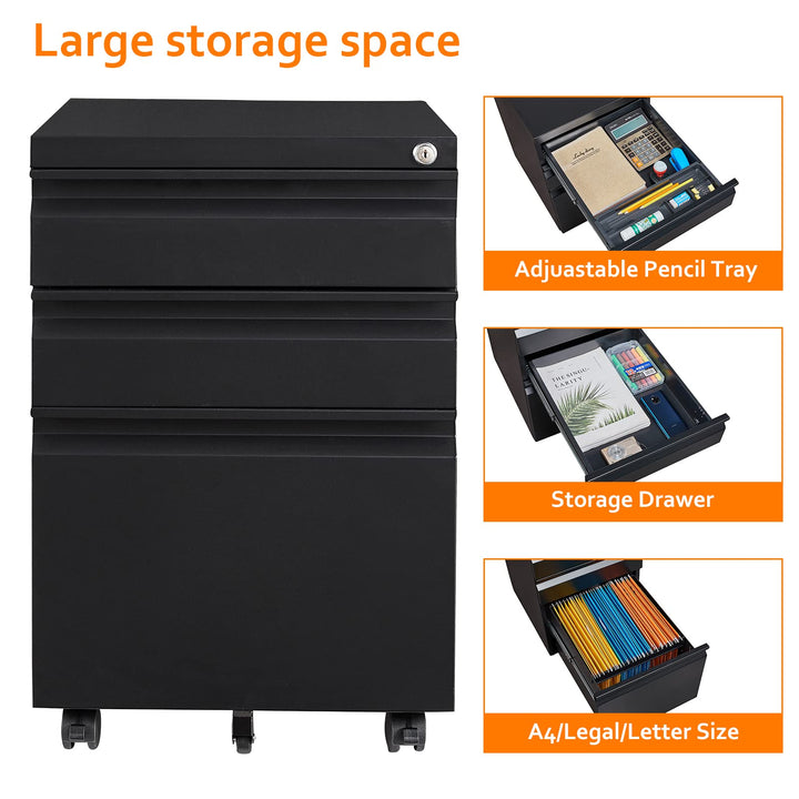 Rollcontainer Stahl abschliessbar 3 Schubladen 39x50x62 cm schwarz - Bild 2