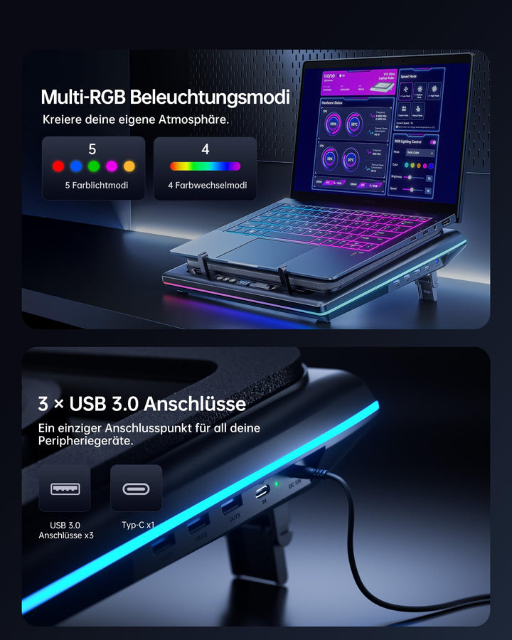 Laptop Kühlpad 15–19 Zoll mit Turbolüfter, RGB und 3x USB 3.0 - Bild 7