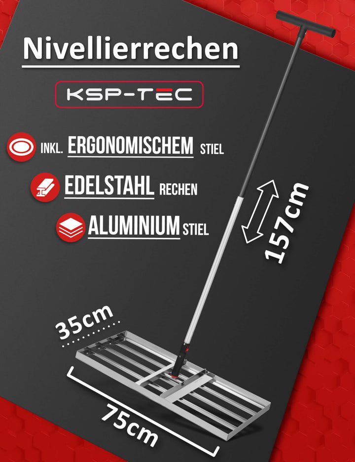Nivellierrechen Edelstahl 75x35 cm mit Aluminiumstiel für Rasen - Bild 2