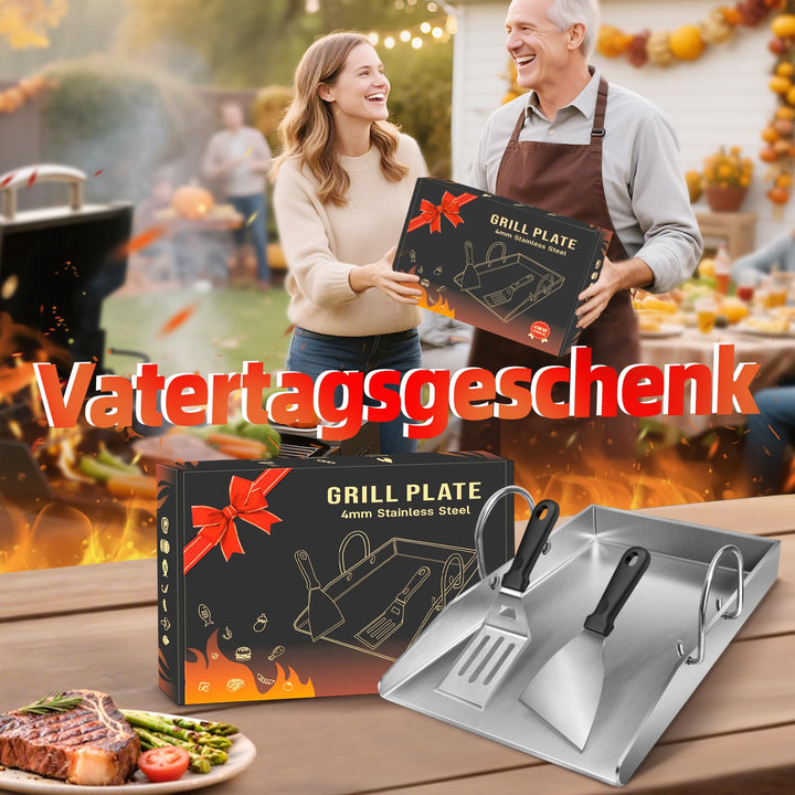 Grillplatte Plancha Edelstahl 4mm 40x30cm mit 2 Grillspachtel - Bild 2