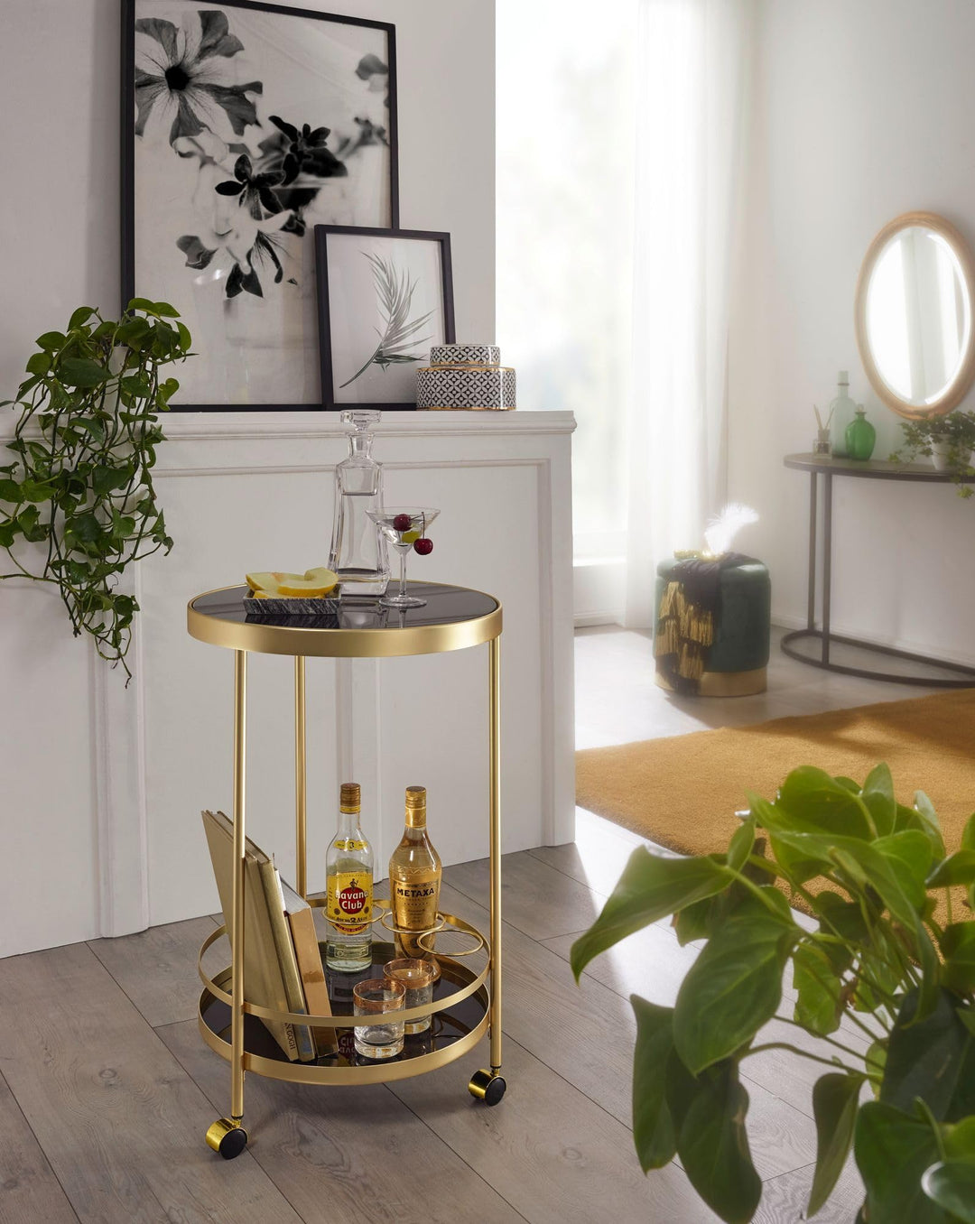 Servierwagen rund Stahl Gold-Schwarz 2 Ebenen Sicherheitsglas 45x76cm - Bild 4