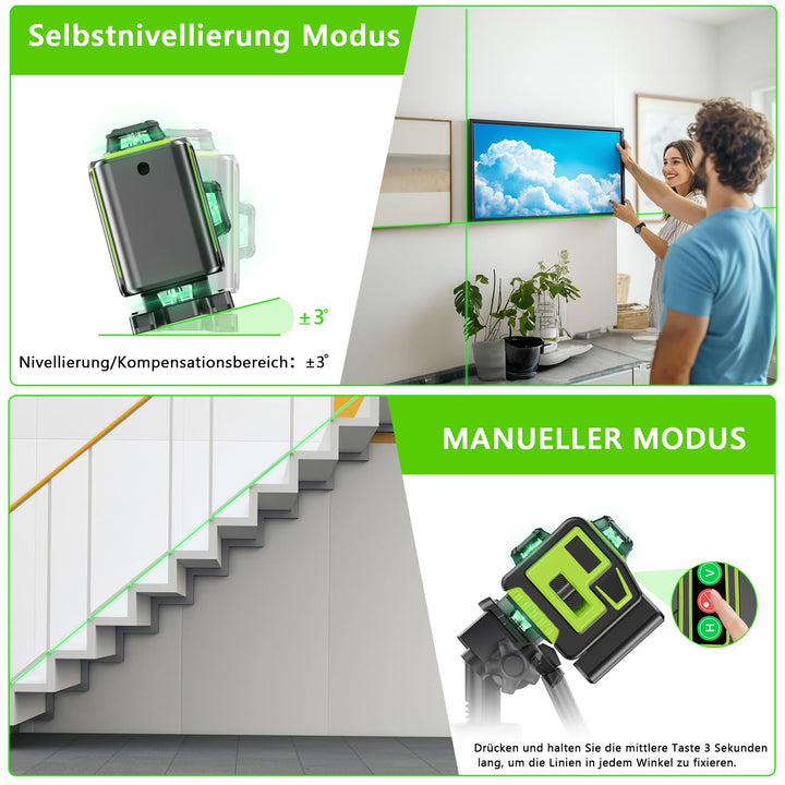 Kreuzlinienlaser Grün 16 Linien Selbstnivellierend 4x360° mit Stativ - Bild 2