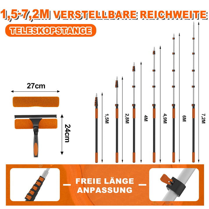 Fensterputzer Teleskop 2-in-1 mit Abzieher, 1,5–7,2 m, drehbarer Kopf - Bild 4