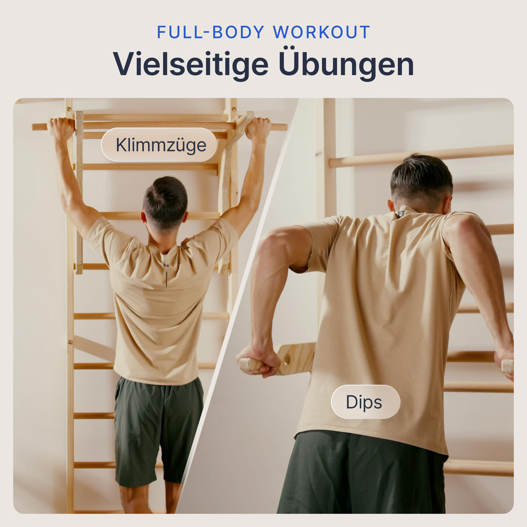 Sprossenwand Holz mit Klimmzugstange &amp; Dip Extension für Erwachsene und Kinder - Bild 2