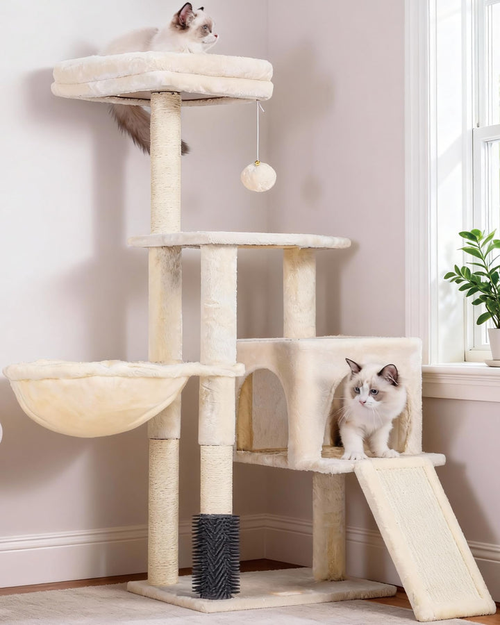 Kratzbaum mit Katzenbürste Korb und Plüsch-Sitzstange beige