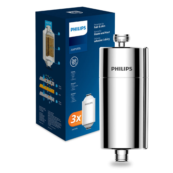 Duschfilter Inline Chrom 3-Stufen-Filter 50000 L Kapazität + 3 Ersatzkartuschen