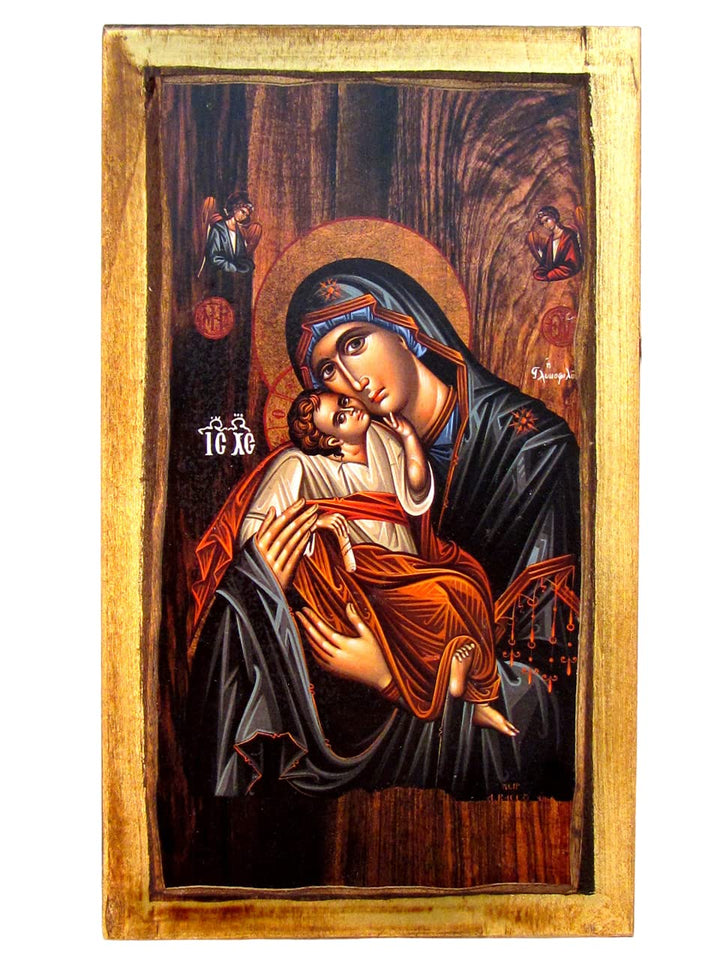 Holzikone Jungfrau Maria &amp; Jesus handgeschnitzt 24x14 cm