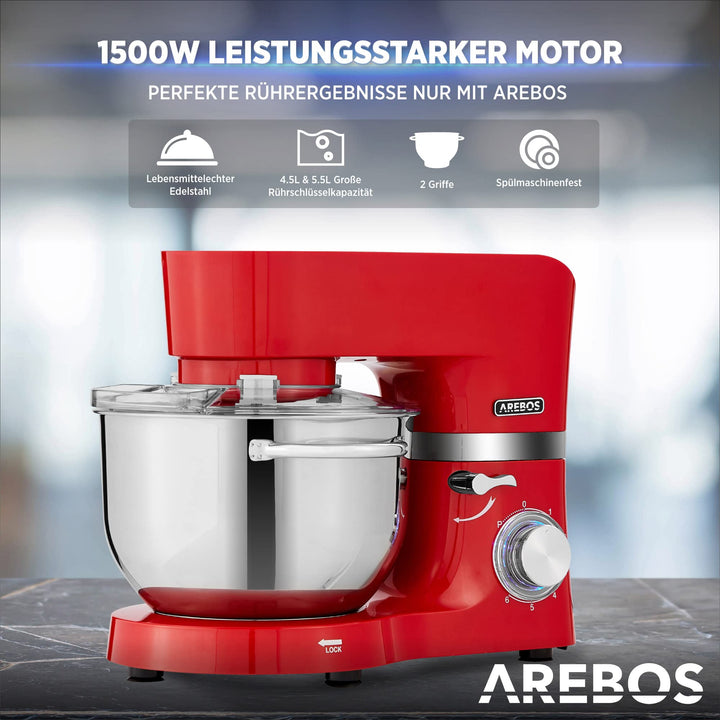 Küchenmaschine 1500W Rot 2 Edelstahlschüsseln Planetenrührsystem - Bild 3