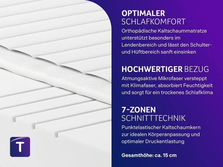 Kaltschaummatratze 7-Zonen H3 90x200 cm Öko-Tex waschbar - Bild 5