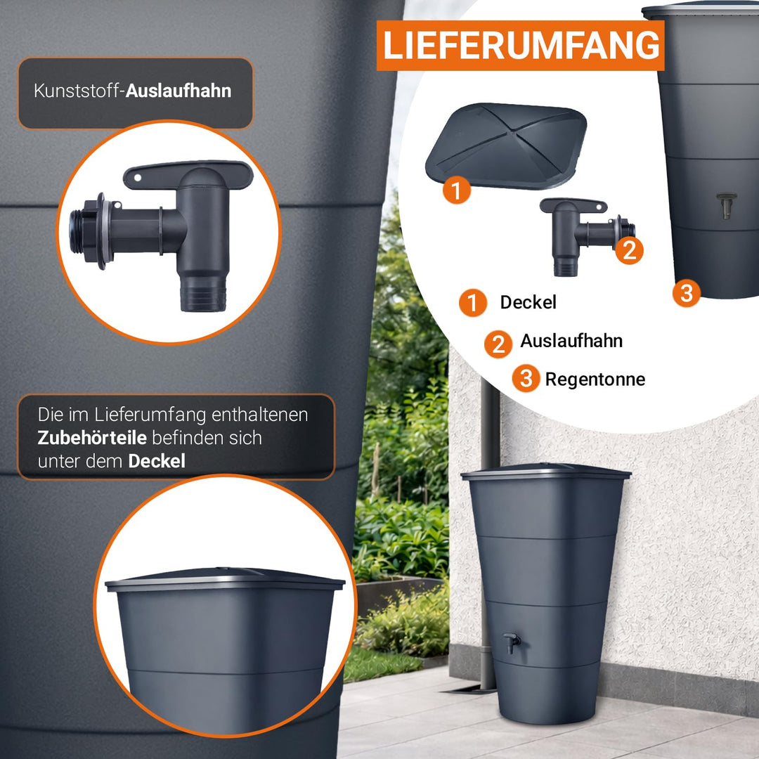 Regentonne eckig 200 Liter Graphite Grey mit Deckel und Hahn - Bild 4