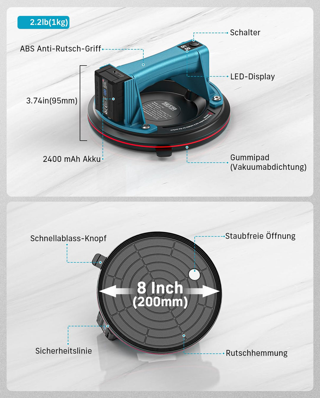 Akku-Vakuumsaugheber 2er-Set 272 kg Tragkraft mit LCD für Fliesen - Bild 8