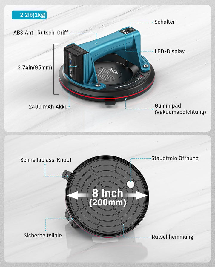 Akku-Vakuumsaugheber 2er-Set 272 kg Tragkraft mit LCD für Fliesen - Bild 8