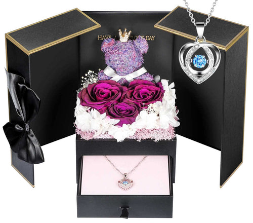 Konservierte Rosen Geschenkbox mit Silber Herz-Halskette 3er-Set