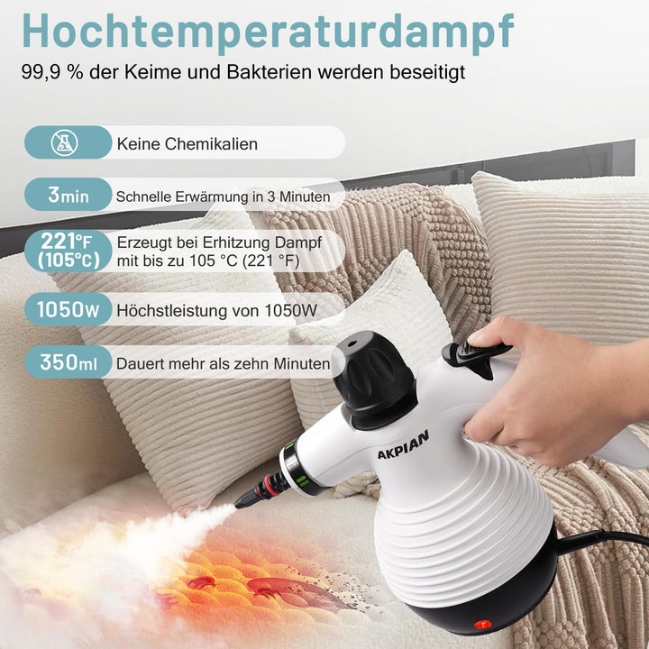 Handdampfreiniger 1050W chemiefreie Reinigung 10-tlg. Zubehörset - Bild 2