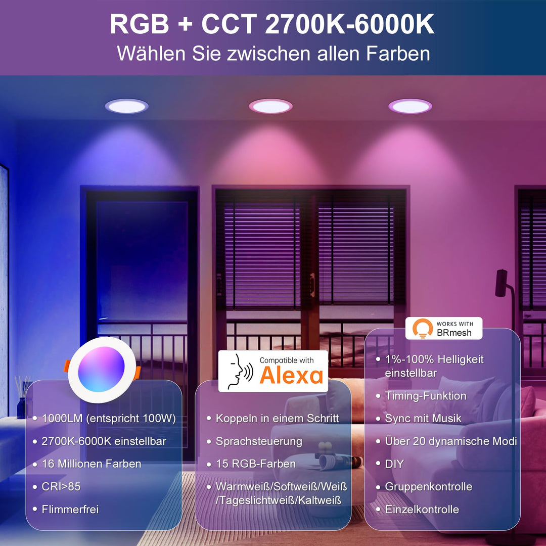 LED Einbaustrahler RGB Smart 10W 1000lm per App &amp; Alexa steuerbar 4er-Set - Bild 3