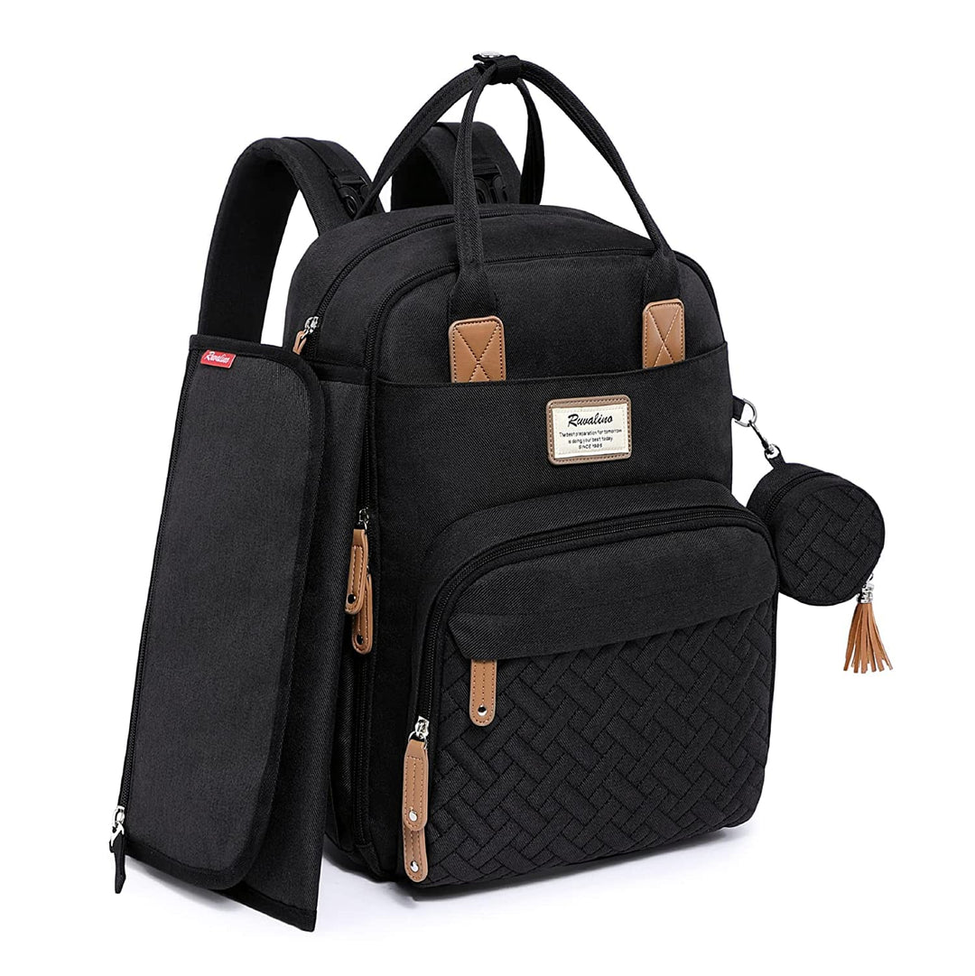 Wickelrucksack mit Wickelauflage und 18 Taschen, wasserfest, Schwarz