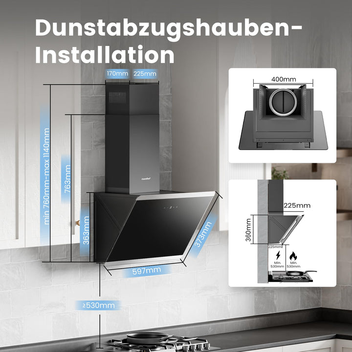 Dunstabzugshaube 60cm kopffrei Schräg-Design Glas Edelstahl A++ - Bild 5